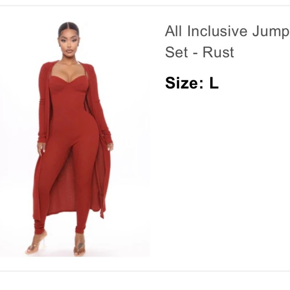 Fashion Nova 2 piece jumpsuit set. Size large. Color Rust